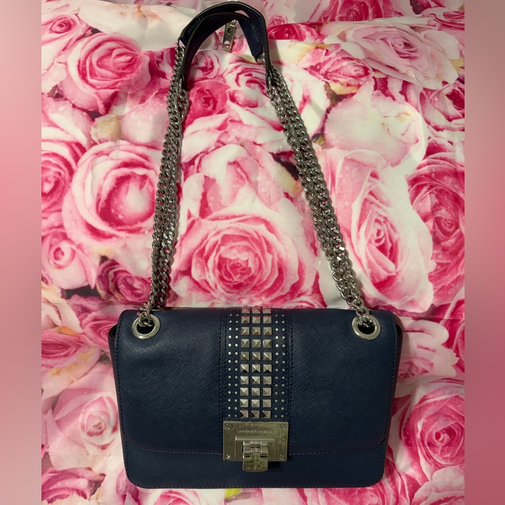 Navy Blue Michael Kors Studded Chain Shoulder Bag